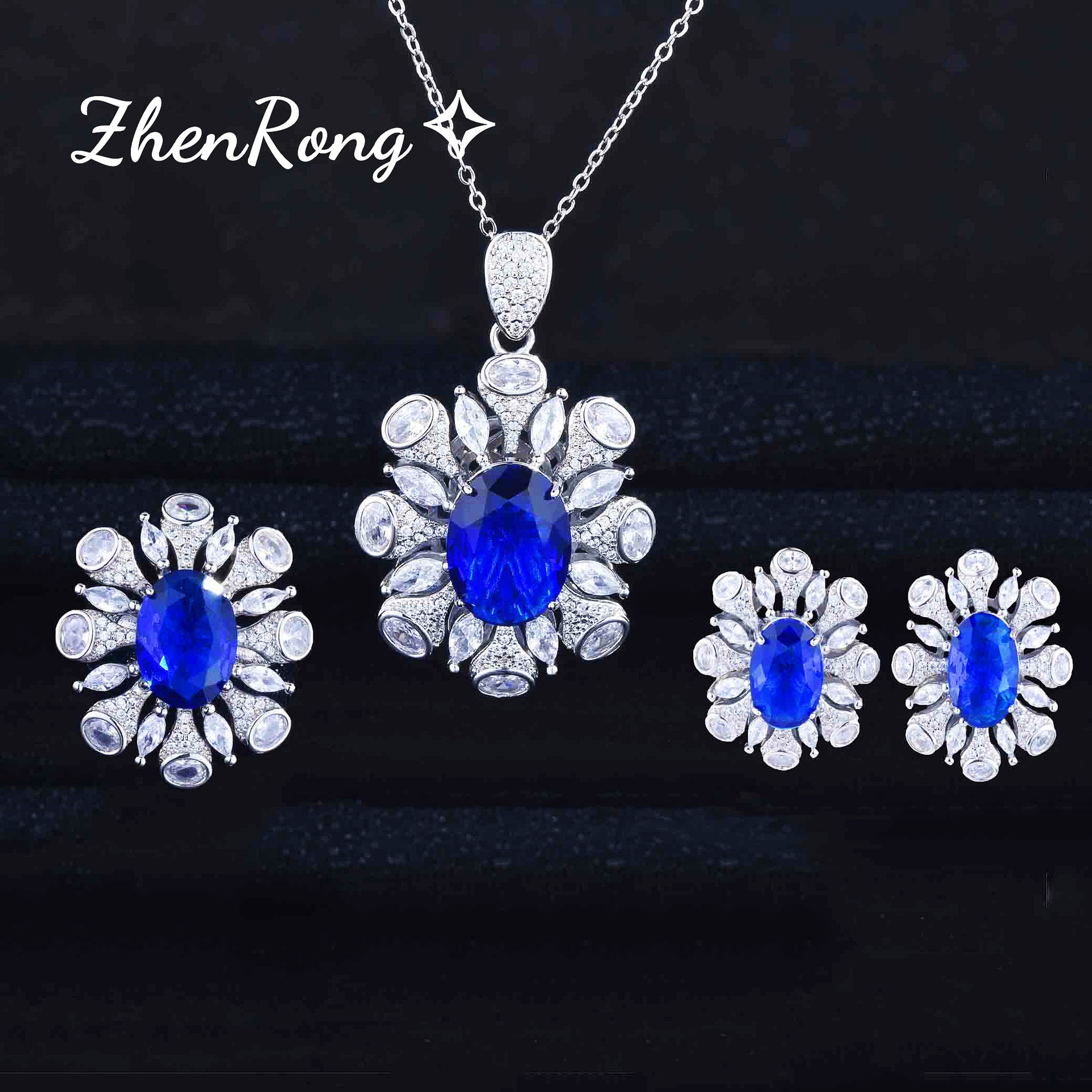 高级感重工设计15克拉皇家蓝套装 奢华满钻吊坠开口戒指彩宝耳环
