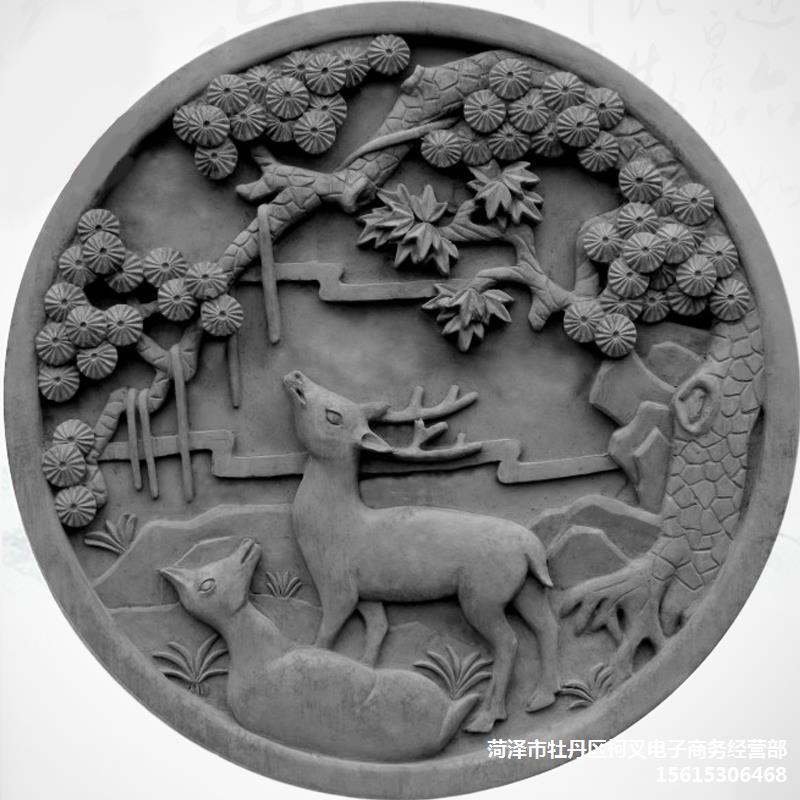 小李家四合院圆形仿古照壁浮雕文化墙青墙砖58cm松鹿图砖雕影壁