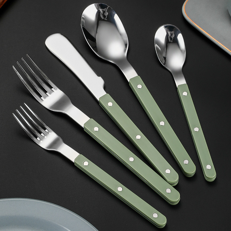 Stainless Steel Rivet Clip Handle 430 Western Food Knife, Fork and Spoon Tableware Set French Steak Knife and Fork Dessert Spoon Fork 5-Piece Set