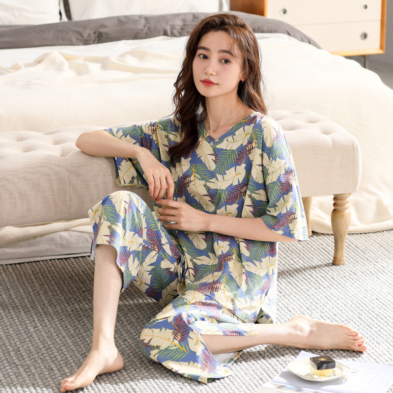 2023 New Style Pajamas Women's Summer Super Cool Rc Modal Cotton Silk Short Sleeve Cropped Pants Loose Wide Leg Homewear Suit