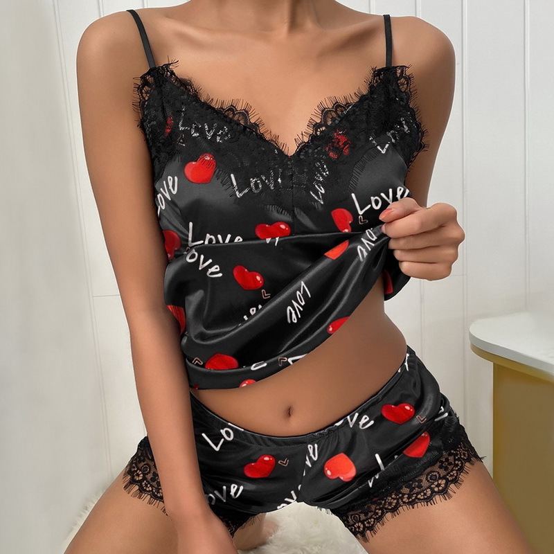 European and American Style Women Sexy Pajamas Satin Sexy Lingerie Printed Deep V Lace Suspender Skirt Shorts Home Wear Suit