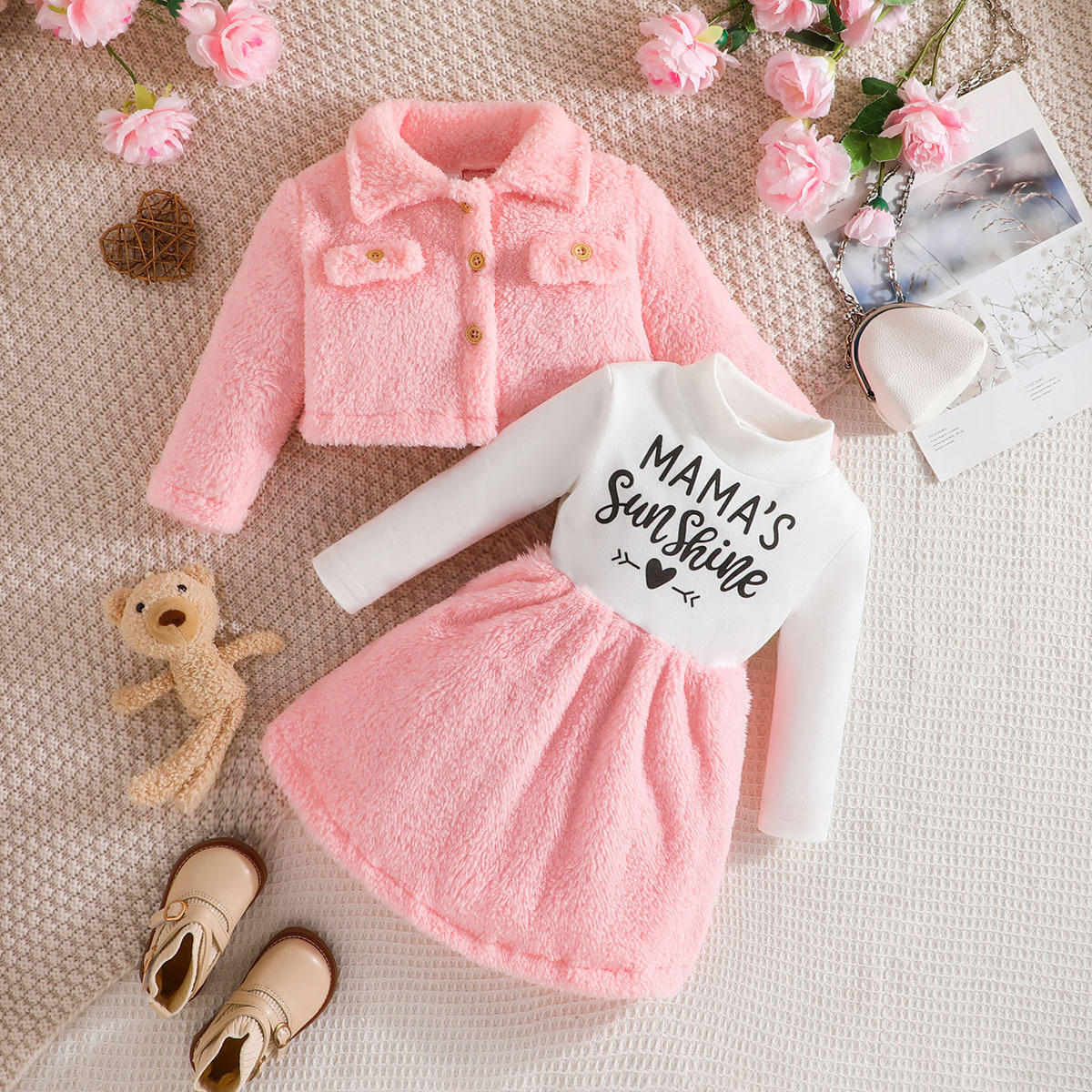 Autumn and Winter New Korean Style Lapel Fashionable Jacket + Letter Pattern Printing Dress Furry Children Suit