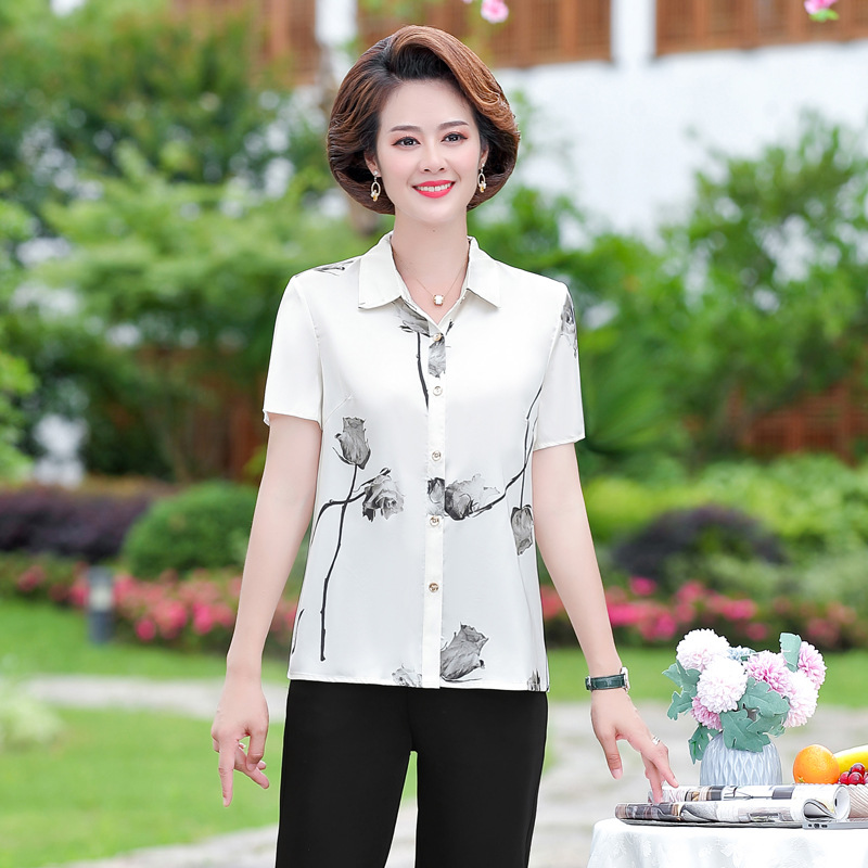 2021妈妈洋气翻领夏季秋真丝衬衫女中年女短袖t恤上衣中老年小衫