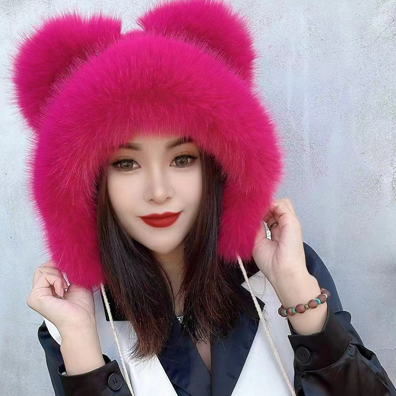 New Cute Bear Ear Cap Imitation Fox Fur Autumn and Winter Hat Female Winter Fur Hat Western Style Ski Cap Warm