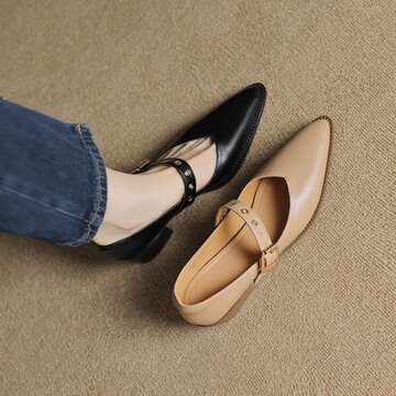 春季新款浅口尖头一字扣带中跟小皮鞋复古玛丽珍鞋时尚粗跟单鞋女