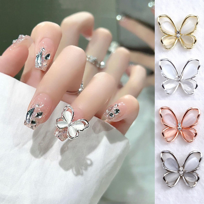2024新款美甲饰品猫眼石蝴蝶轻奢合金镶钻高级感指甲贴片甲片装饰