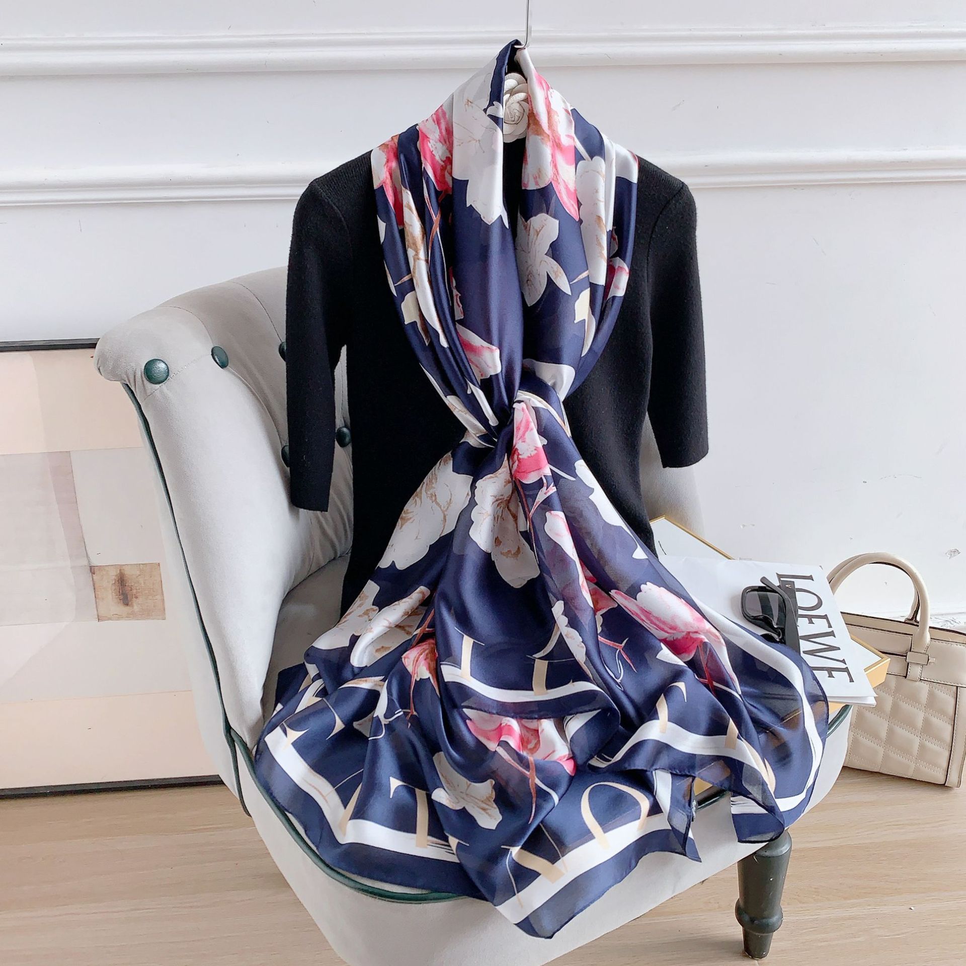 Korean Style New Silk Satin Scarf Fashion Elegant Floral Shawl Decorative Scarf Seaside Photograph Beach Towel Lightweight Gauze Kerchief Women