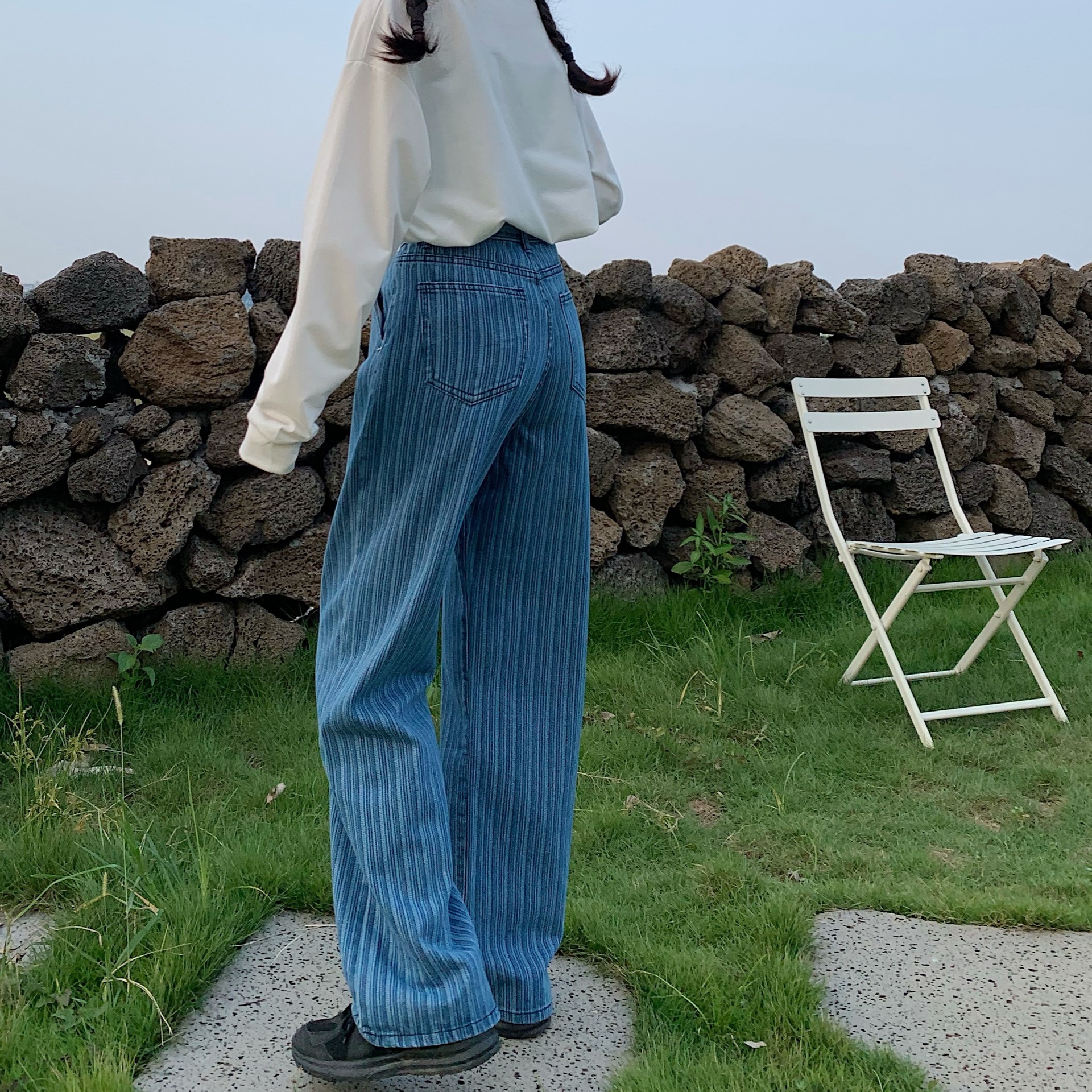 条纹牛仔裤女高腰宽松拖地显瘦显腿长休闲百搭直筒拖地裤子