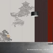 书房客厅沙发茶室线描卧室墙布新中式电视背景墙壁纸墙壁画古建筑