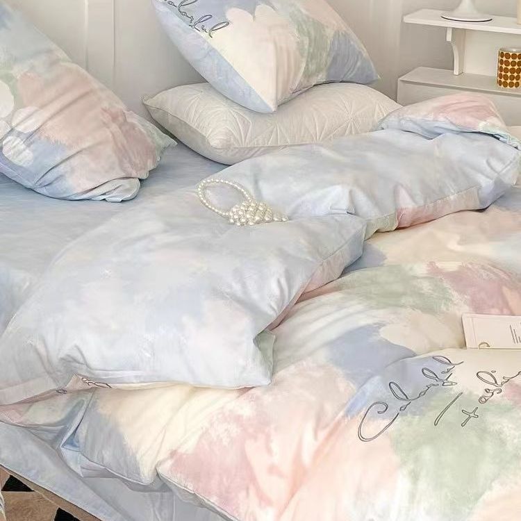 Cartoon Cat Plaid Four-Piece Set Washed Cotton Quilt Cover Beddings Quilt Cover Bed Sheet Student Dormitory Three-Piece Set