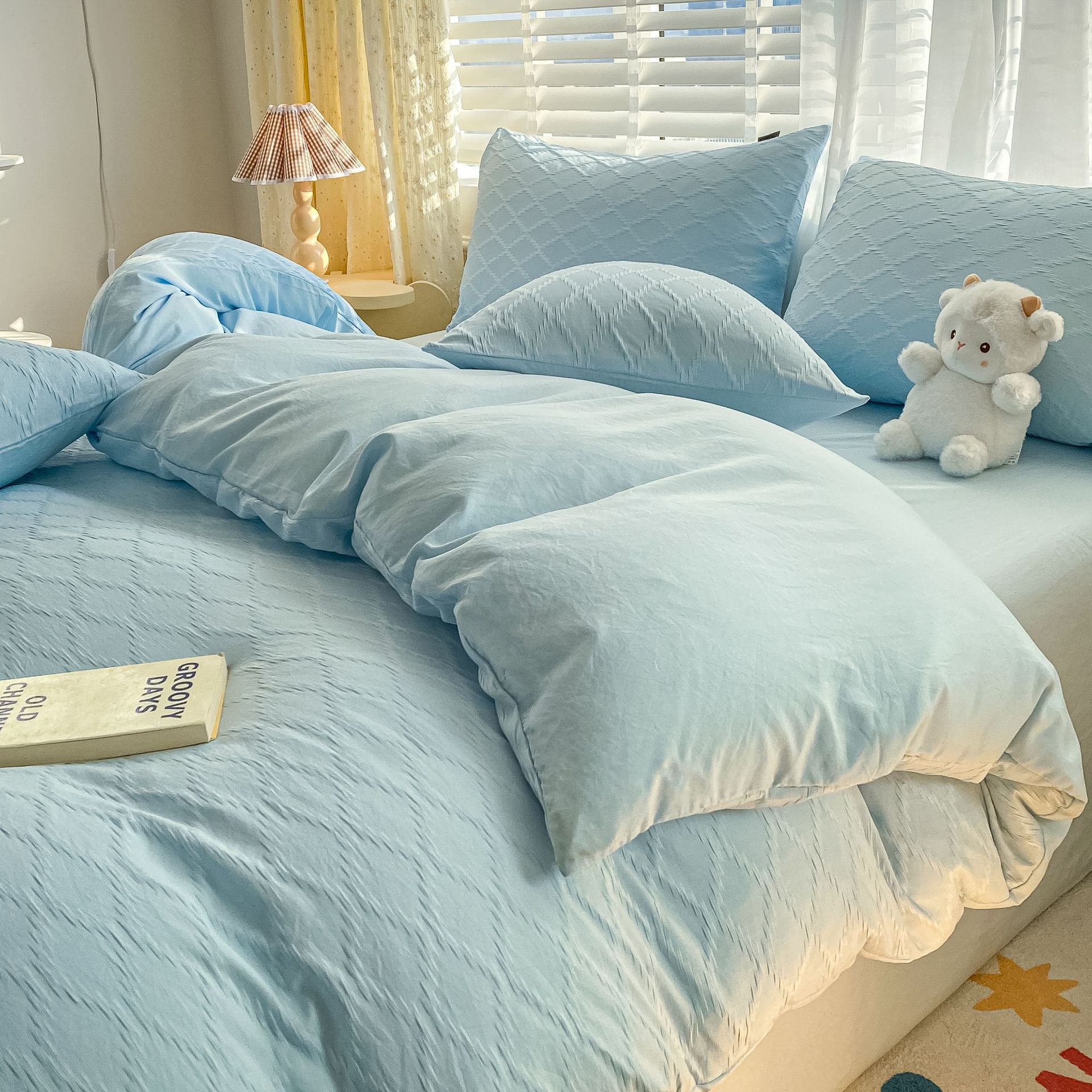 简约风泡泡纱水洗棉四件套床单被套床笠学生宿舍床上三件套批发