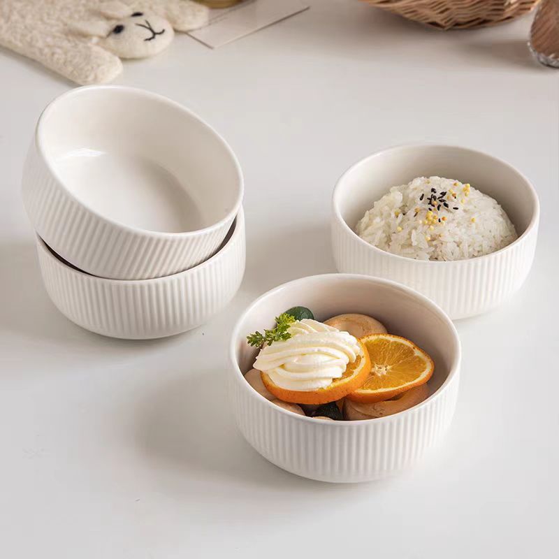 家用陶瓷纯白竖纹浮雕碗竖纹窝盘创意中式吃饭碗米饭碗釉下彩可微