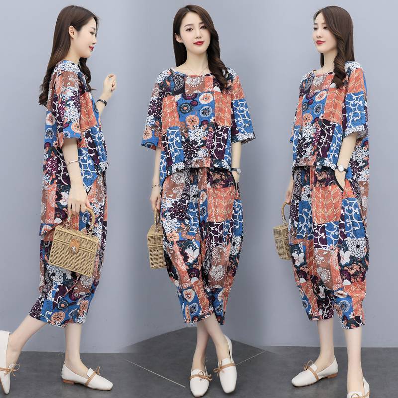 棉麻套装女夏季大码时尚外穿印花亚麻民族风短袖哈伦裤棉绸两件套