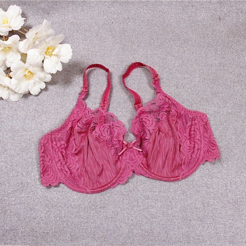 外贸欧美轻薄蕾丝文胸大胸显小性感透明钢圈黑色少女bra薄杯内衣