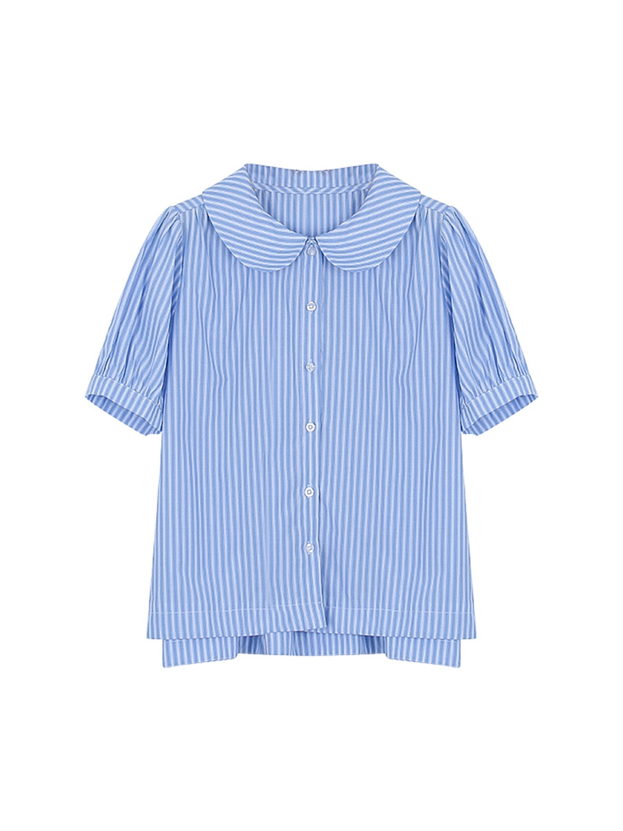 [Ge Ming] Design Vertical Stripes Peter Pan Collar Short Sleeve Shirt Women's Spring New Casual Top X1571