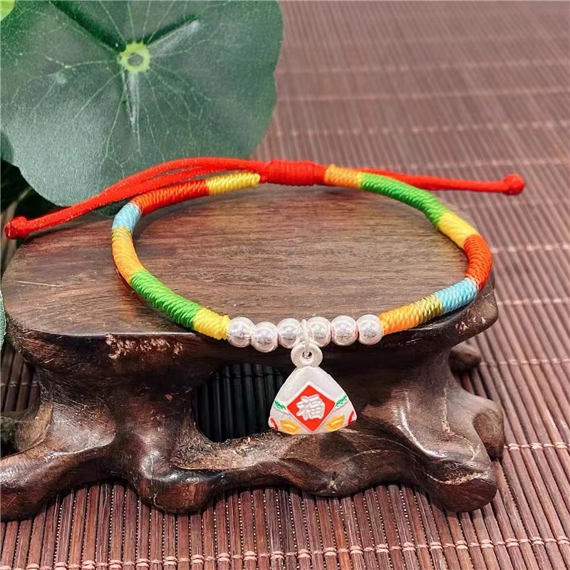 Sterling Silver S999 Silver Zongzi Dragon Boat Festival Colorful Rope Woven Silver Bracelet Children's Baby Bracelet Necklace Activity Gift