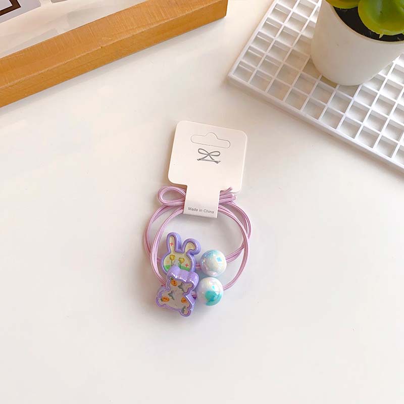 Korean Hair Accessories Cartoon Rabbit Bear Printed Beaded Cute Girls Rubber Band High Elastic Knotted Head Rope Hair Ring