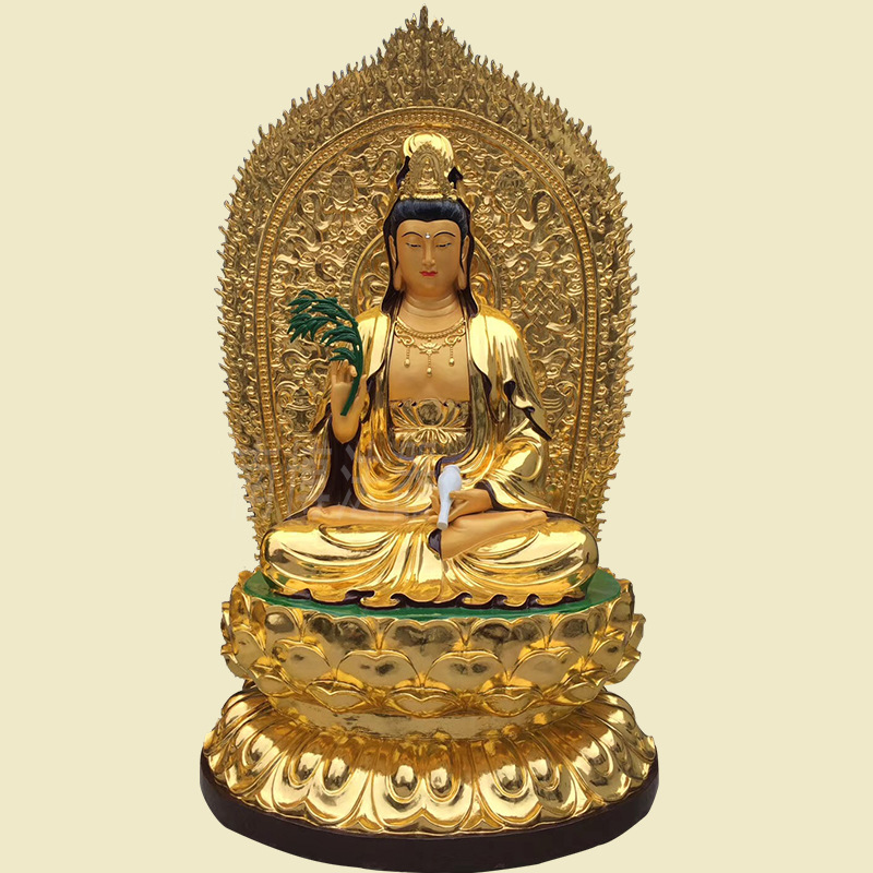 童男善女彩绘普度众生观世音菩萨寺庙带背光坐莲花贴金观音佛像