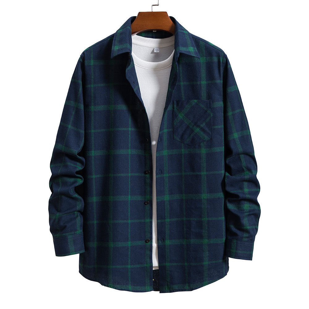 0成交78件2021春秋外贸新款男士休闲宽松翻领衬衫欧码男装格子侧边