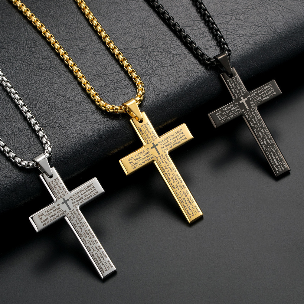 european and american cross-border fashion new stainless steel necklace men‘s and women‘s personality all-match titanium steel cross pendant lettering jewelry
