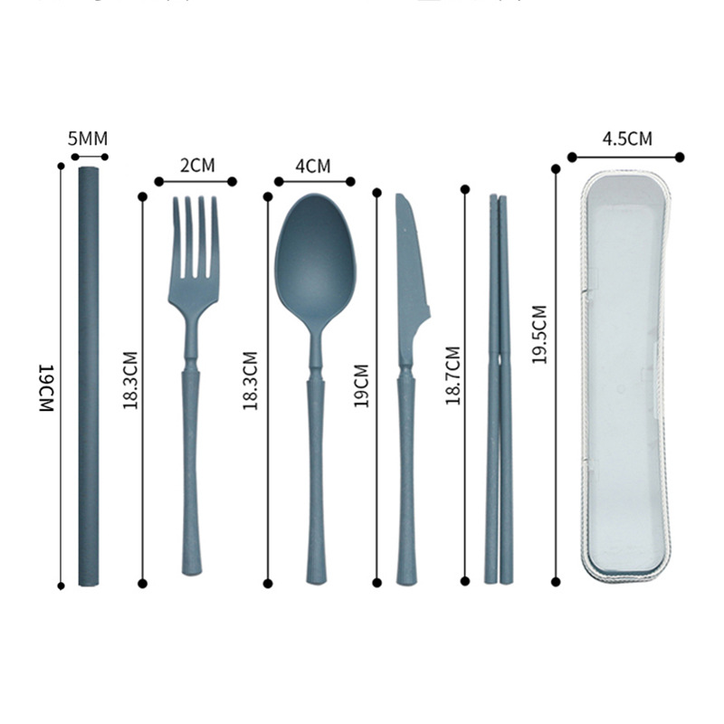 Wheat Straw Knife, Fork and Spoon Chopsticks Straw Five-Piece Portable Tableware Set Student Outdoor Travel Tableware Gift