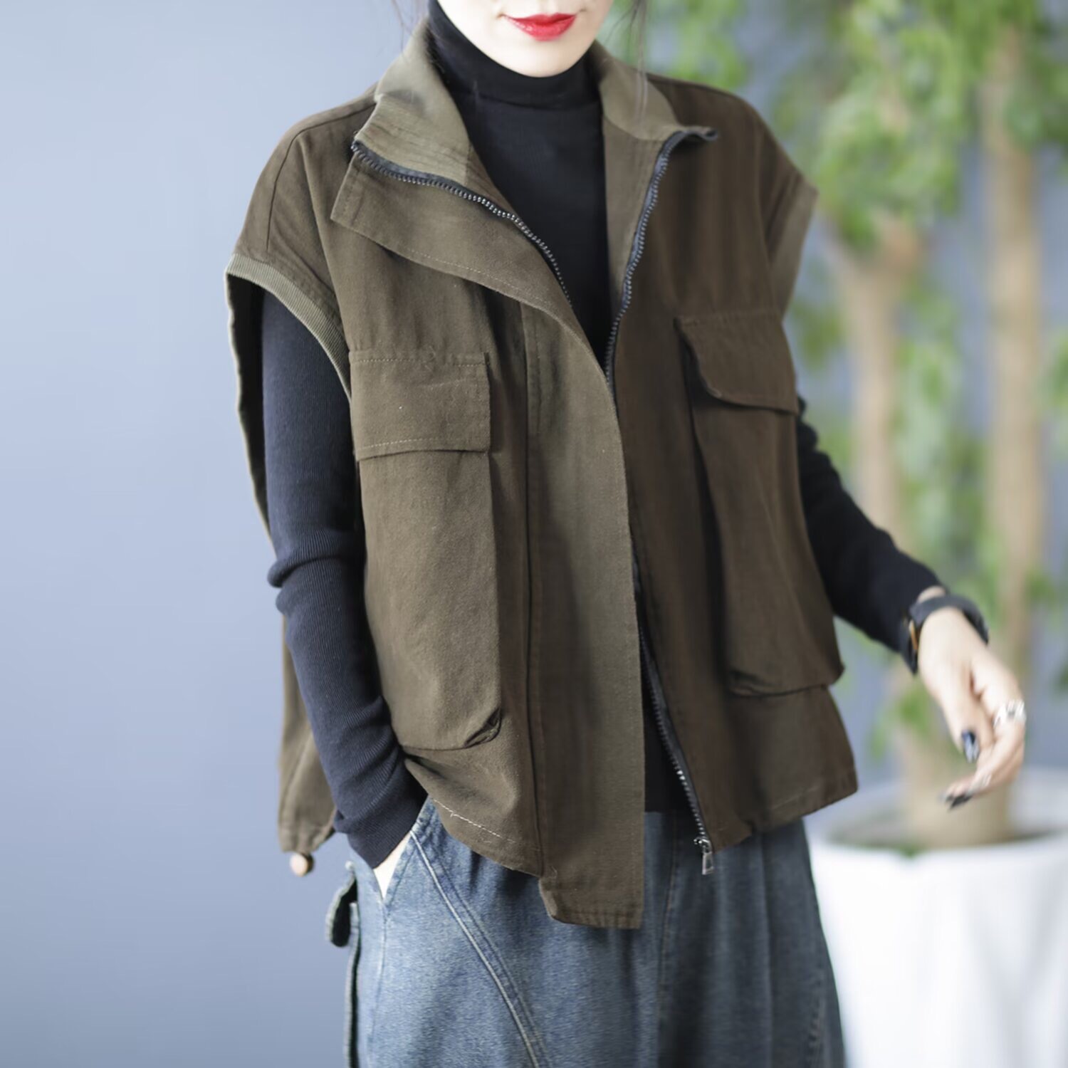 2024年春季新款韩版时尚宽松休闲百搭拉链马甲大口袋坎肩女-阿里巴巴