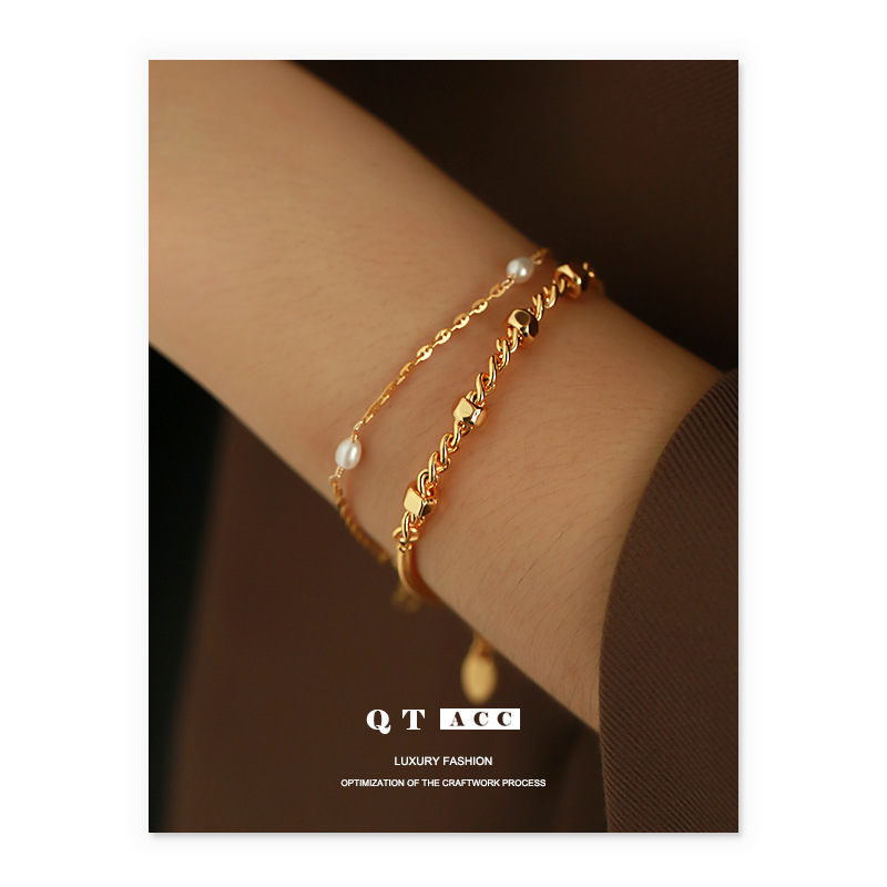 Brass Plated 18K Real Gold Ins Simple Style Design Nut Shape Snake Bones Chain Stitching Bracelet Female