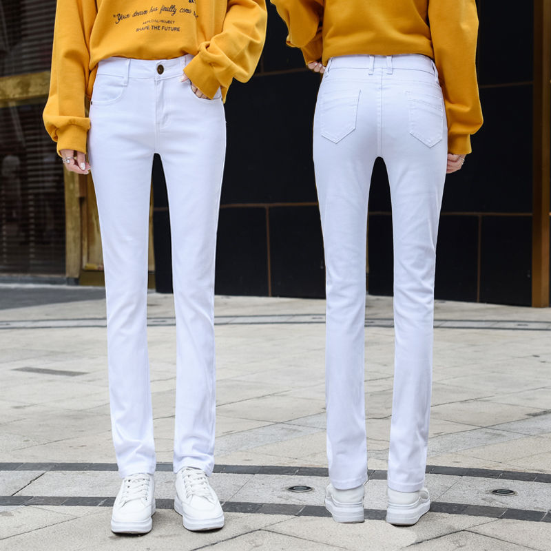 春秋季新款白色牛仔裤女直筒裤韩版修身显瘦弹力宽松休闲弹力长裤