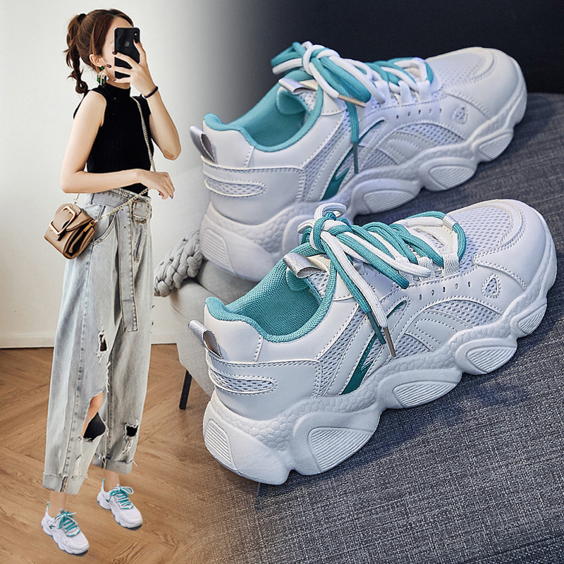 高中运动鞋学生跑步女鞋ins秋季网鞋子网状女孩子老爹鞋浅色薄款