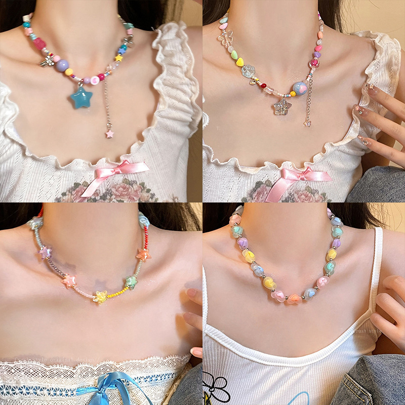 Summer Dopamine Girl Necklace ~ Partysu Temperamental Niche Color Beaded Clavicle Chain Personality All-Match Necklace