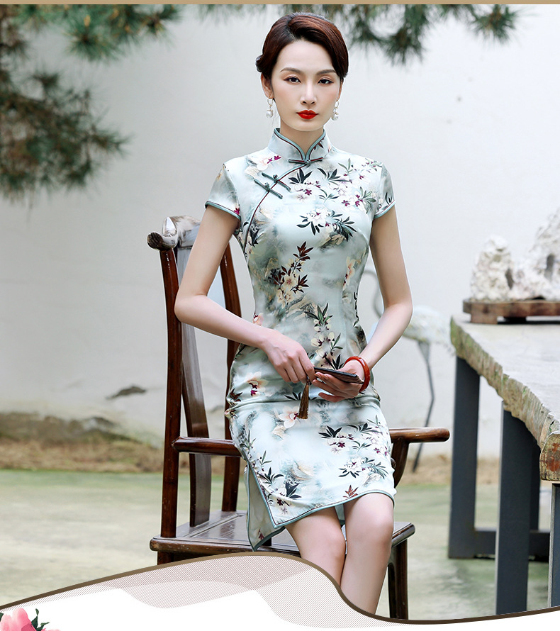 高端2021年新款真丝旗袍女夏中长款少女桑蚕丝年轻款年会气质