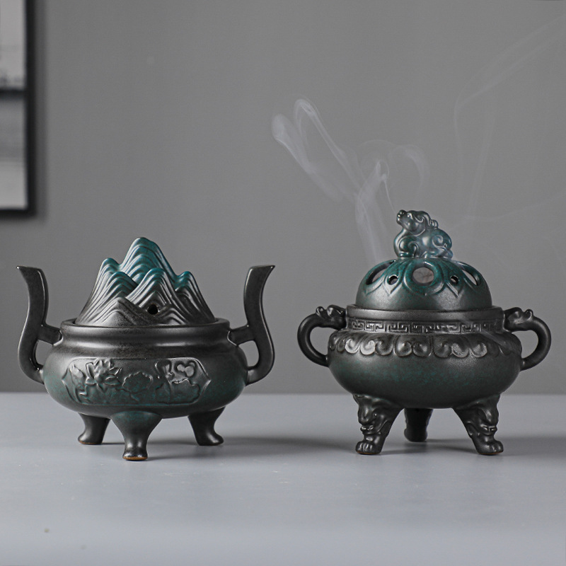 陶瓷香炉 家用檀香炉 礼佛供奉线香炉创意仿古茶道摆件三足香薰炉