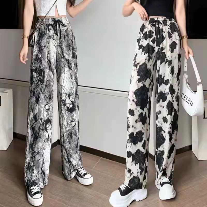 Ink Painting Ice Silk Wide-Leg Pants Women's Summer High Waist Loose Drooping Straight Mopping Pants All-Match Chiffon Casual Pants