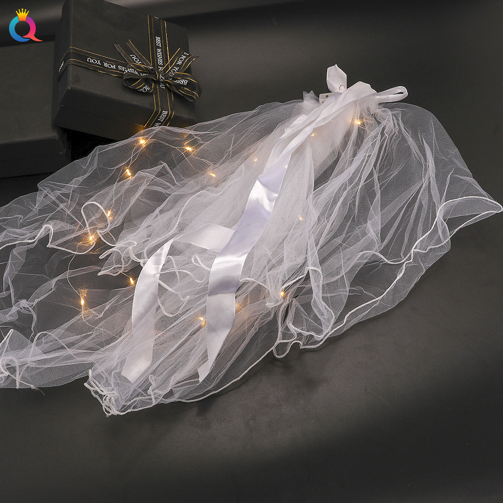 奇阅发光头纱网红带灯长软纱超仙蝴蝶结写真拍照领证头纱新娘头纱