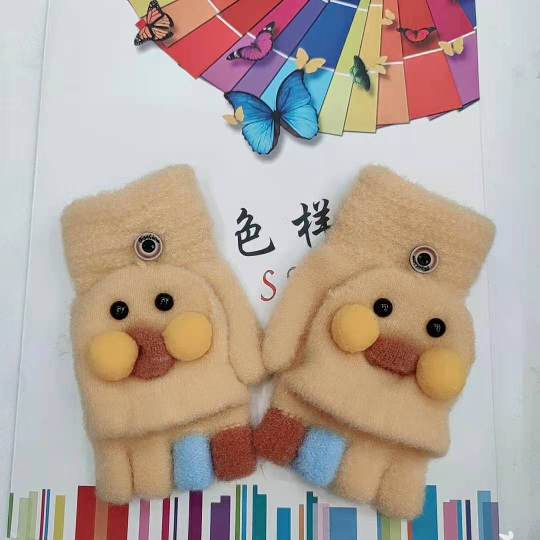 Winter Children's Knitted Gloves Cute Duck Cartoon Flip Half Finger Gloves Student Writing Warm Gloves 