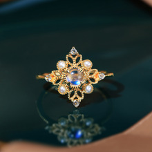 韩版时尚气质真18K黄金复古镂空珍珠戒指天然月光石14K9K一件代发