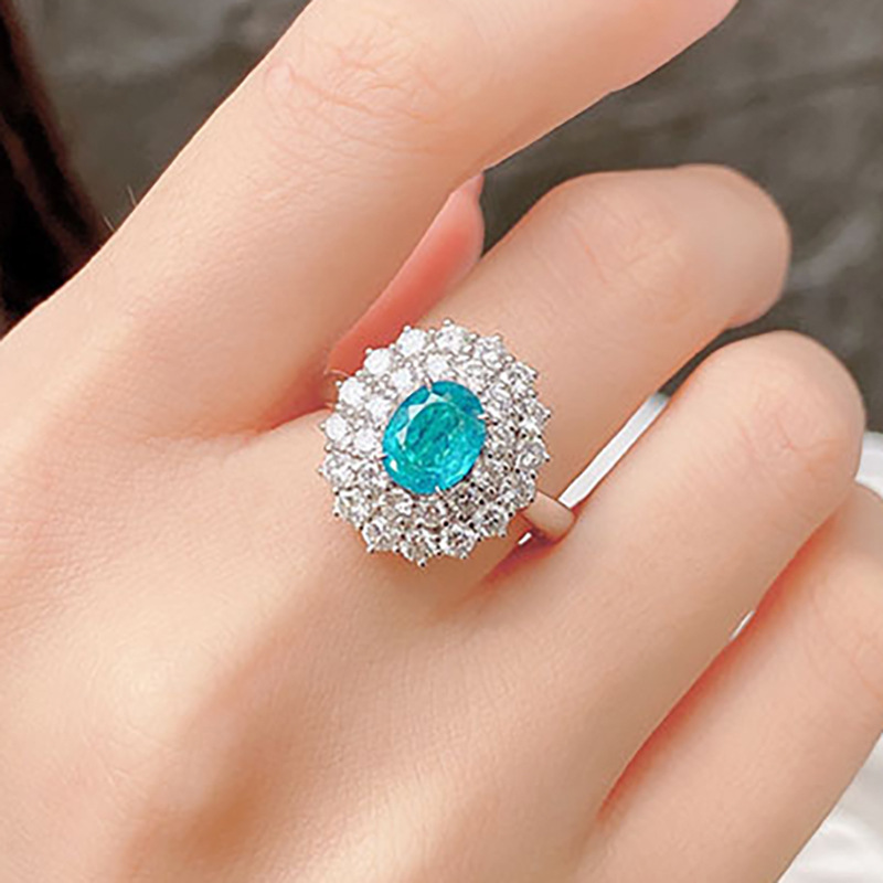 时尚大气带棉絮仿巴西帕拉伊巴碧玺椭圆形冰湖蓝宝石满钻开口戒指