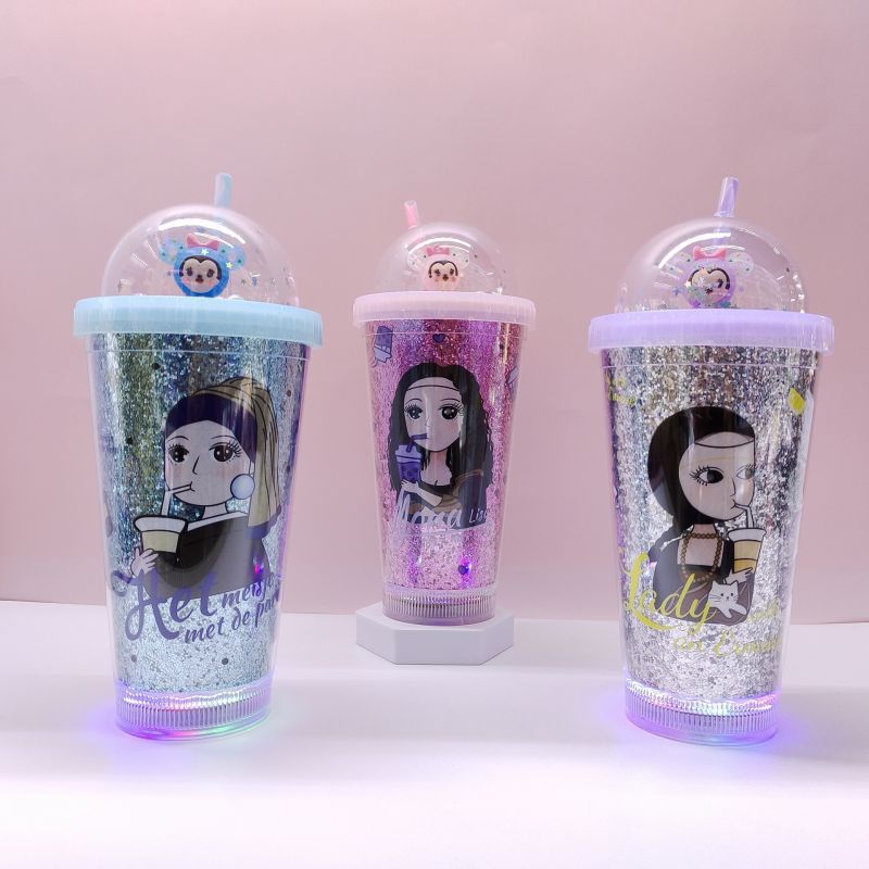 Cross-Border Factory Direct Supply Double Plastic Straw Cup Fashion Fishtail Milk Tea Girl Double-Layer Insert Cup