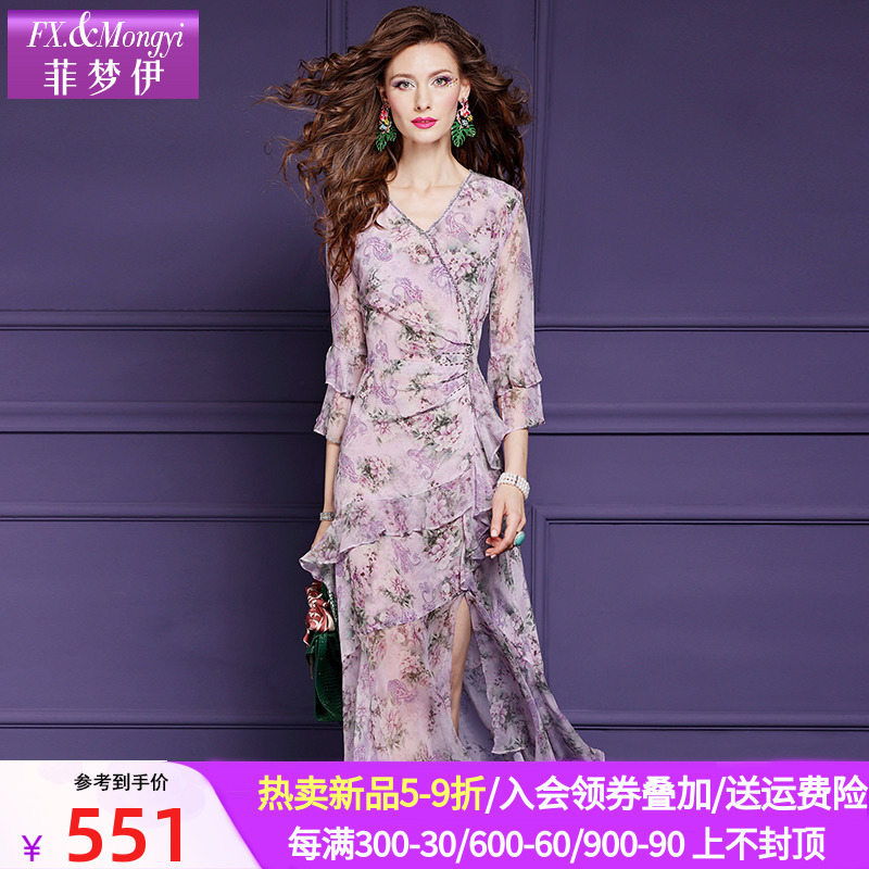 菲梦伊100桑蚕丝印花连衣裙女夏季轻熟荷叶边褶皱钉珠真丝长裙子