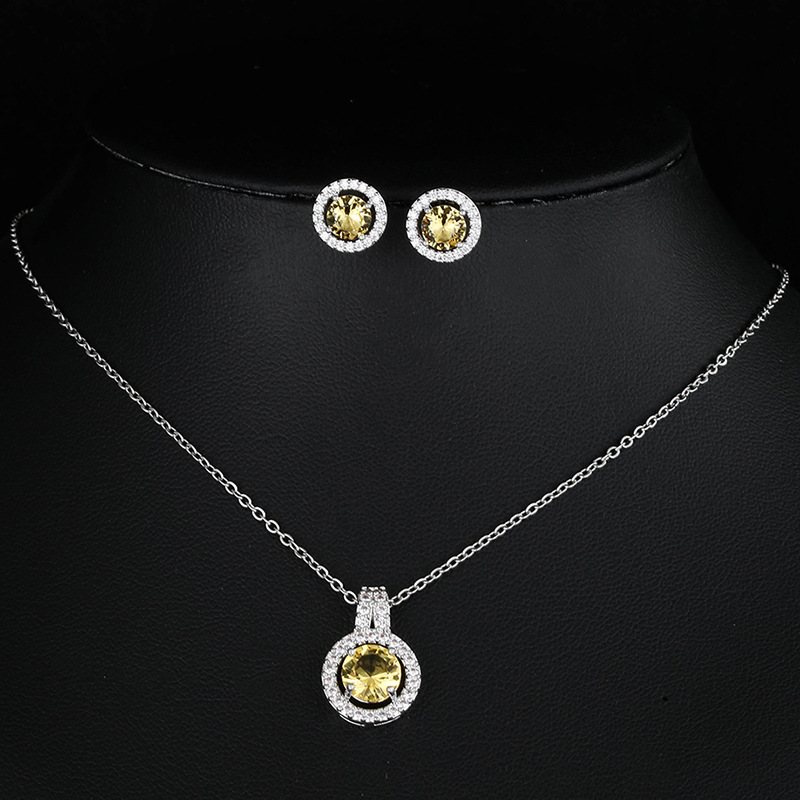 European and American New Light Luxury round Zircon Earrings Necklace Baroque Clavicle Chain Wedding Jewelry Set Pendant Neck Accessories