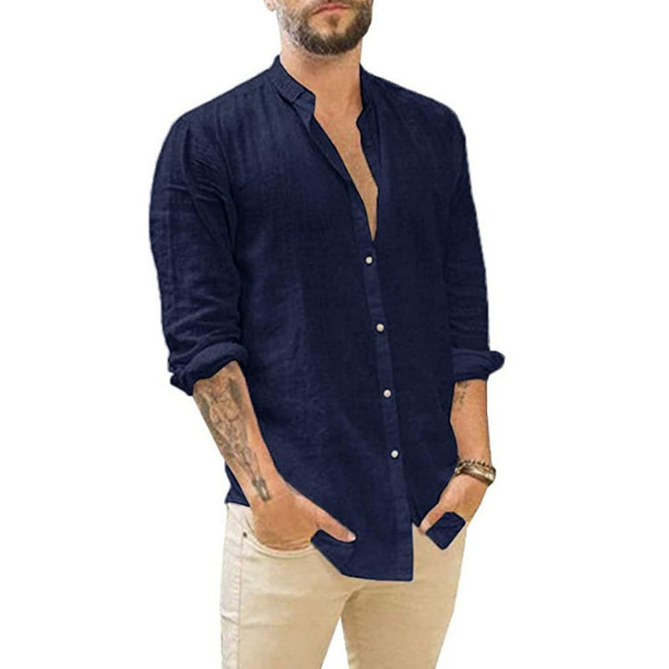 2023 Amazon Wish AliExpress European and American Men's New Linen Cardigan Solid Color Casual Stand Collar Long Sleeve Shirt