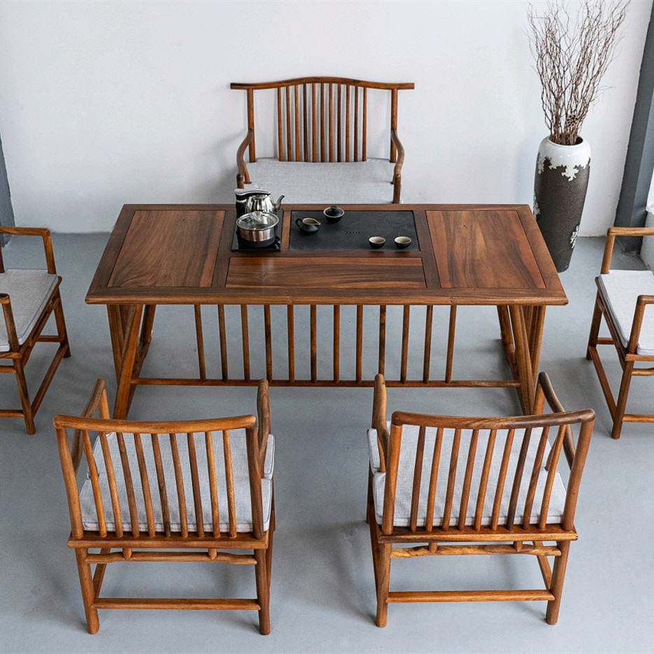 实木茶桌椅组合新中式泡茶台喝茶办公室茶台客厅黑胡桃木茶桌组合