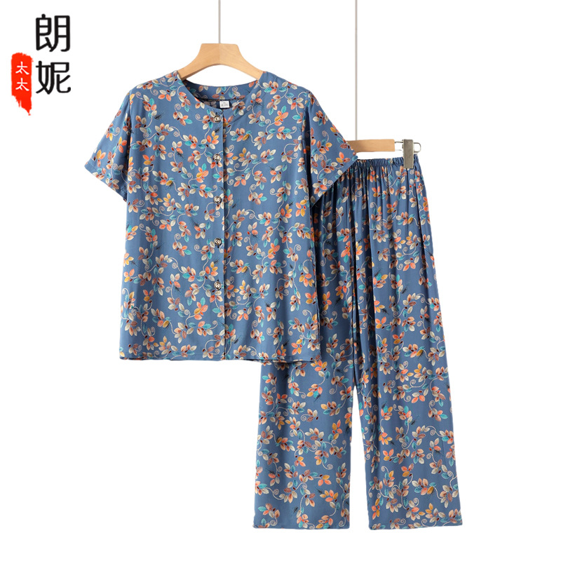 夏季中老年人女装妈妈短袖套装二件套奶奶夏装薄款老人花衣服碎花