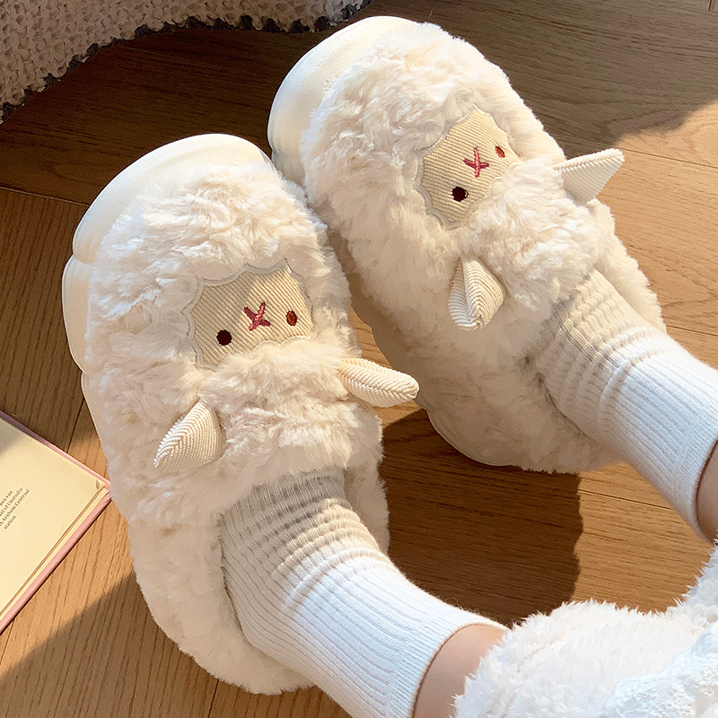 cute little sheep cotton slippers women‘s autumn and winter new bag heel confinement shoes non slip hairy slippers ins