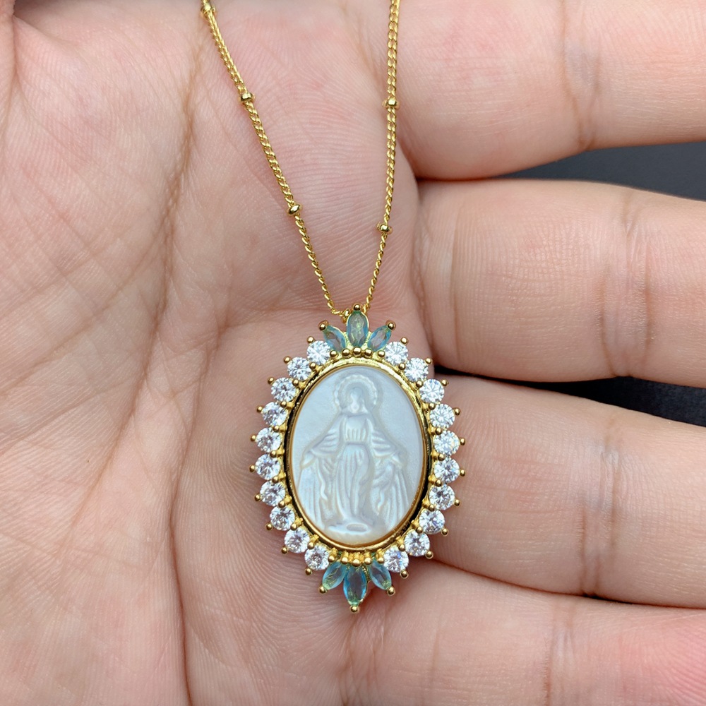 跨境新款热销天然贝壳圣母玛利亚项链女欧美锁骨链锆石白贝母吊坠