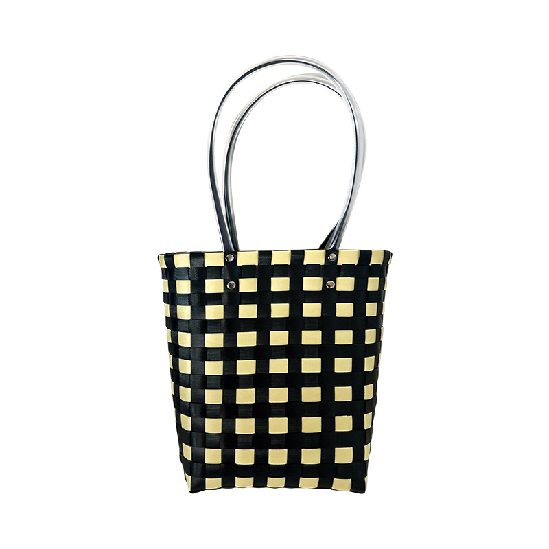 Internet Celebrity Plastic Woven Bag Plaid Beach Bag Large Capacity Portable Contrast Color Vegetable Basket Bag Picnic Basket Handbag