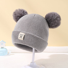 新款腈纶纯色毛线儿童双球帽子 现货秋冬款婴儿套头布标针织帽