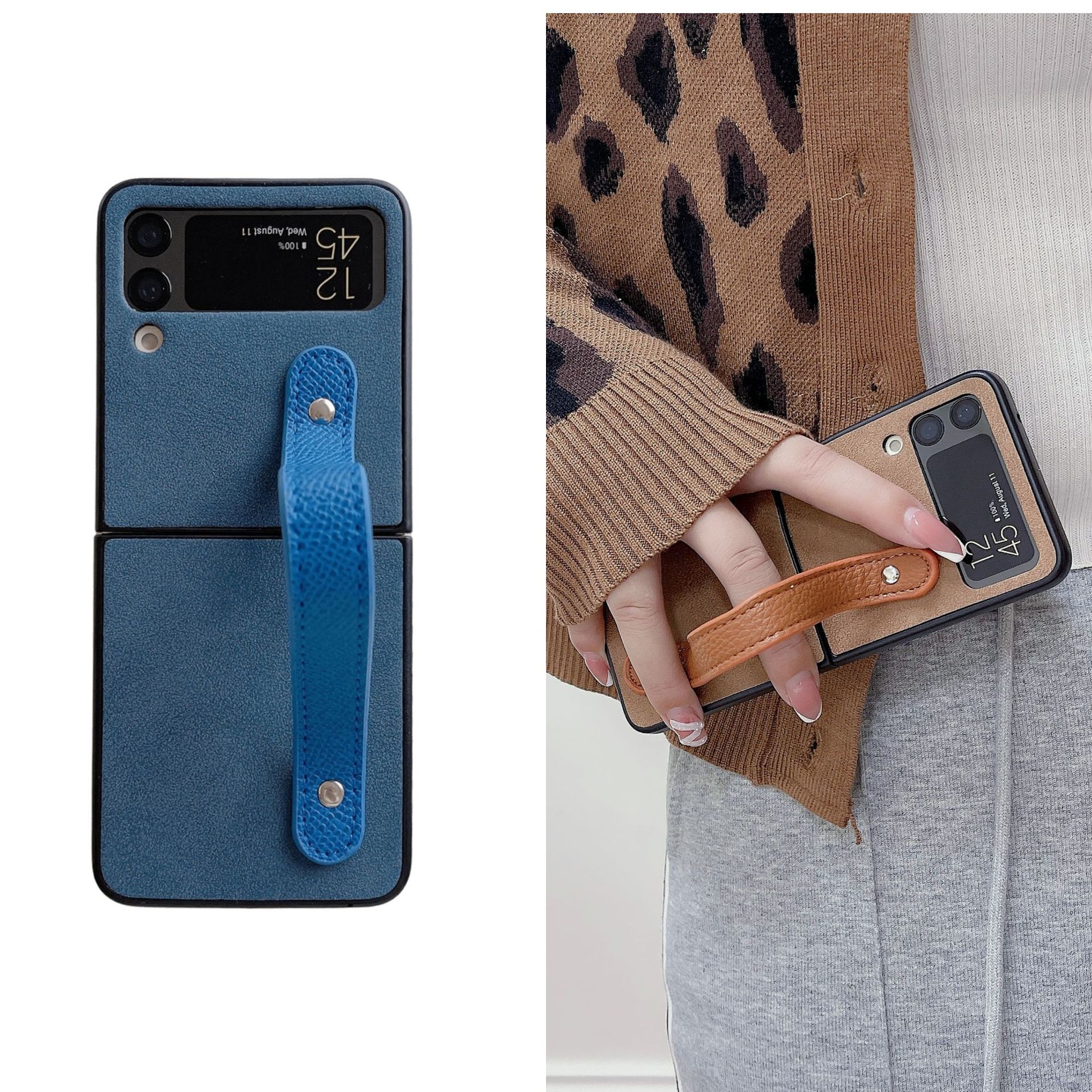 适用三星zflip3 5g小羊纹折叠手腕带支架皮壳zflip4/pocket保护套