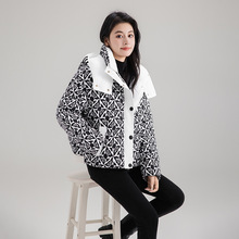 欧洲站印花连帽羽绒棉服女短款2025年新款小个子加厚千鸟格棉外套