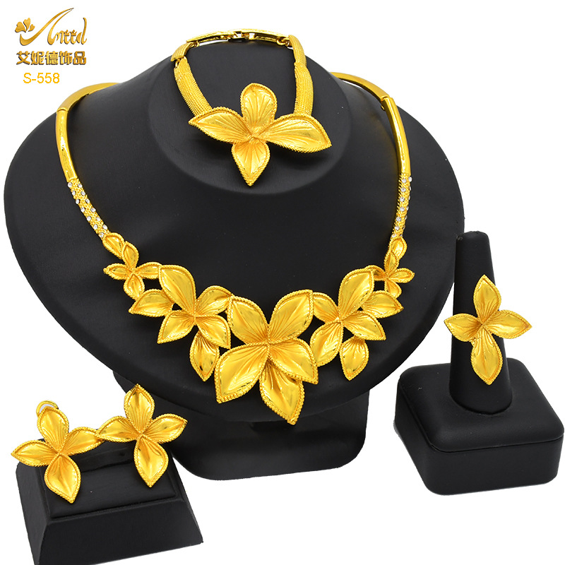 Cross-Border Dubai 24K Gold Jewelry Set Bridal Wedding Necklace Ring Earring Bracelet Ornament 4 Pcs Set